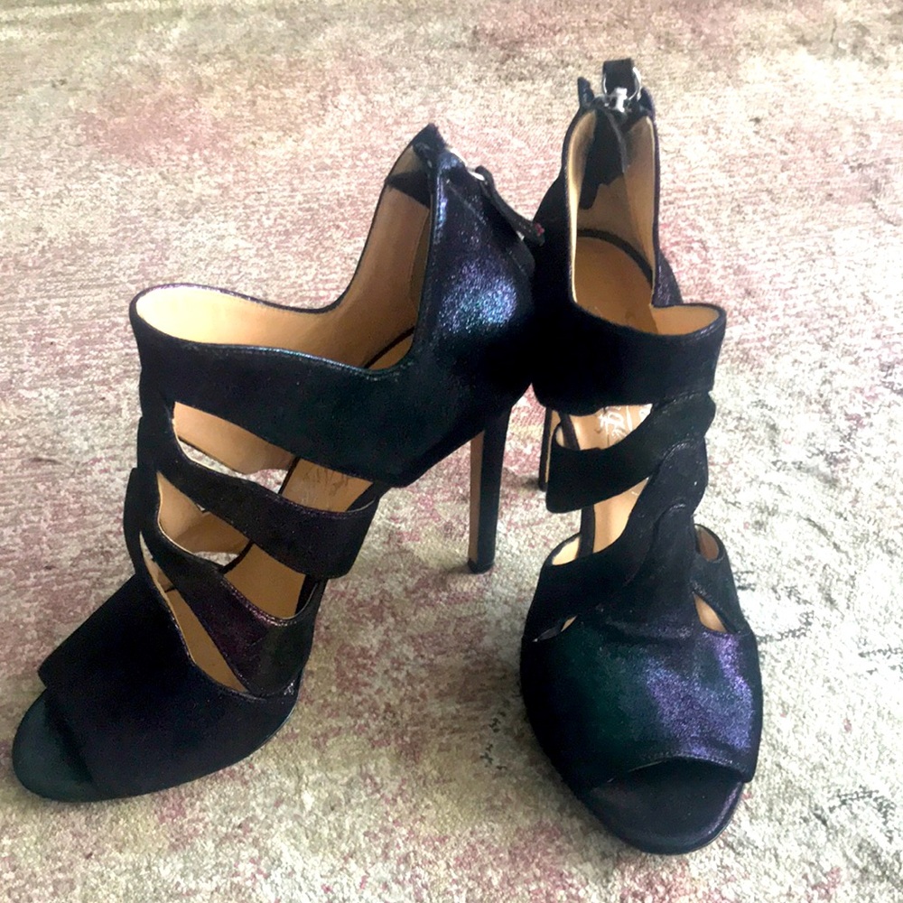 Iridescent purple leather cage sandals by Alejandro Ingelmo.